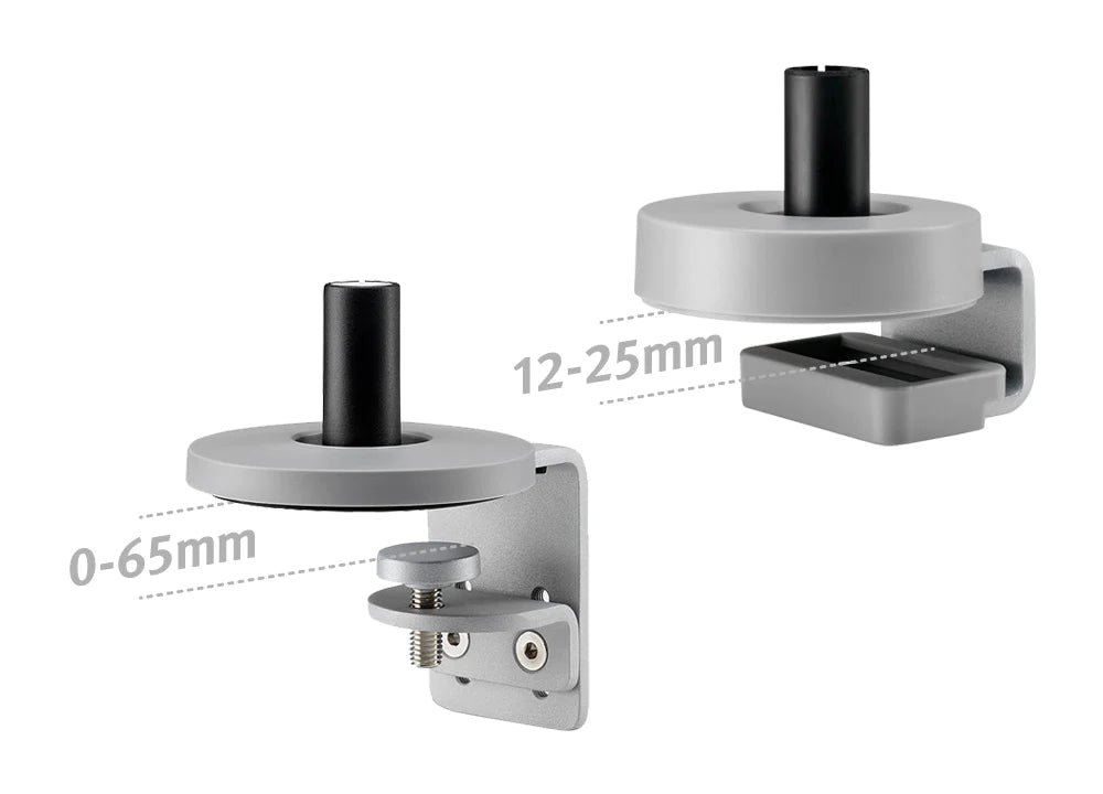 The two desk attachment options for Flo monitor arm.