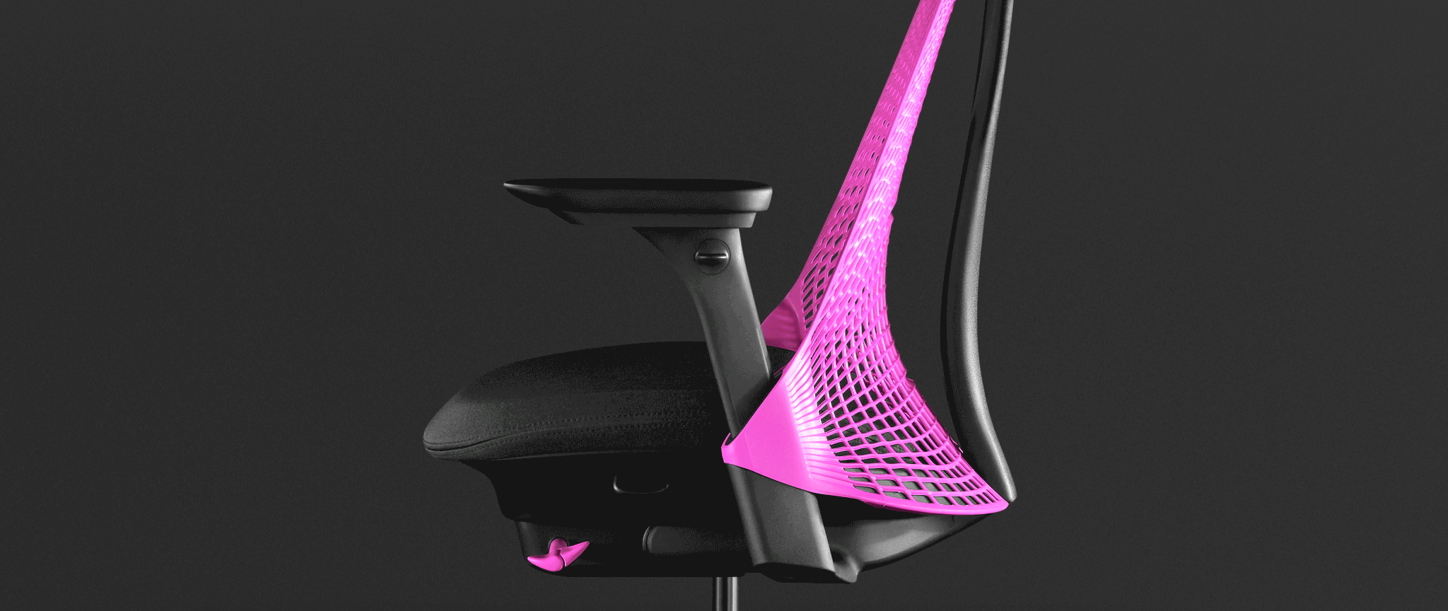 Rear view of a graphite Aeron office chair, showing back support and adjustable arms.