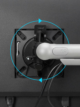 Closeup of the mounting point of a Flo monitor arm showing its landscape to portrait rotation.